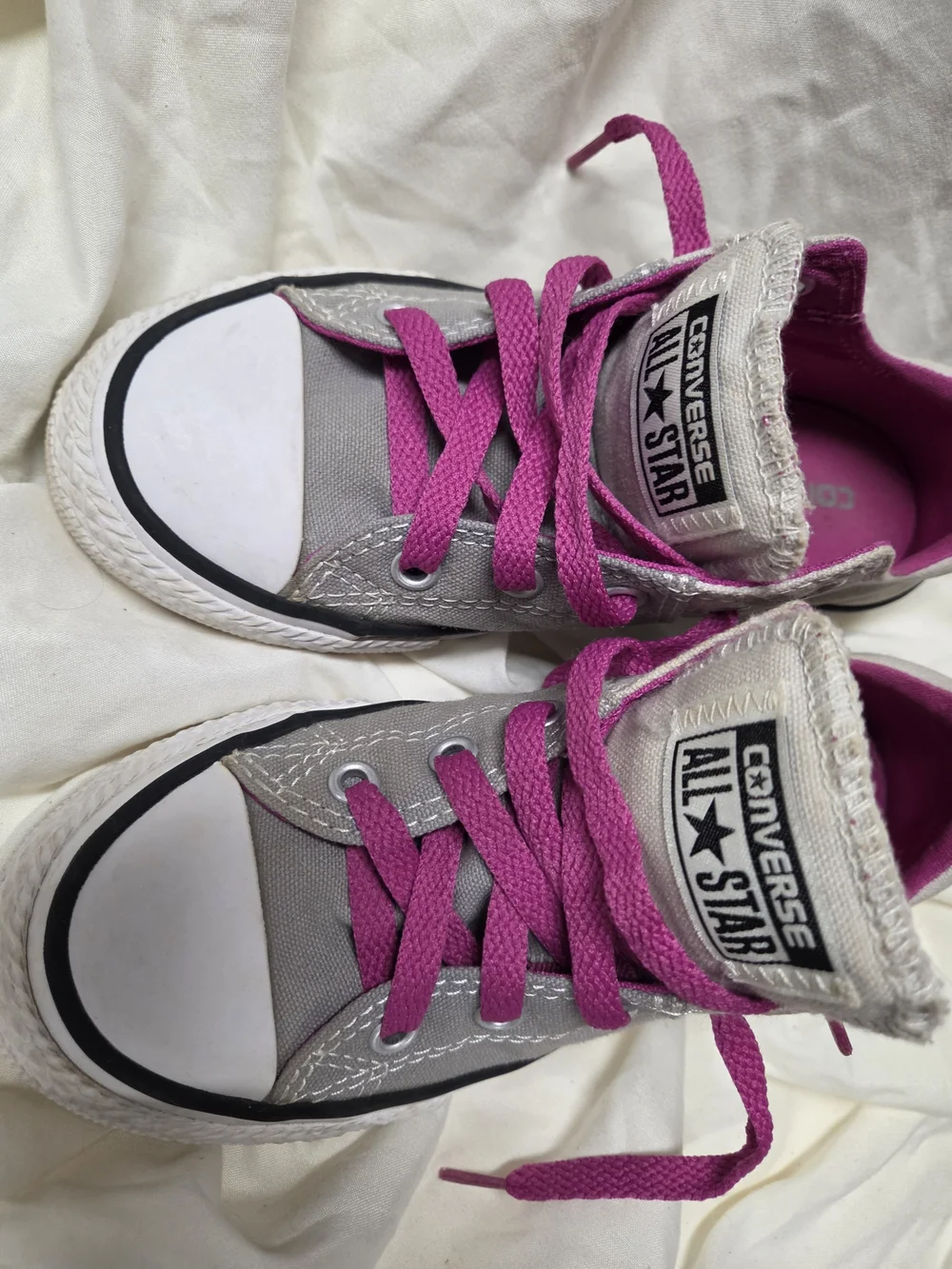 Converse All Star Kids Gray Canvas Sneakers with Pink Laces
